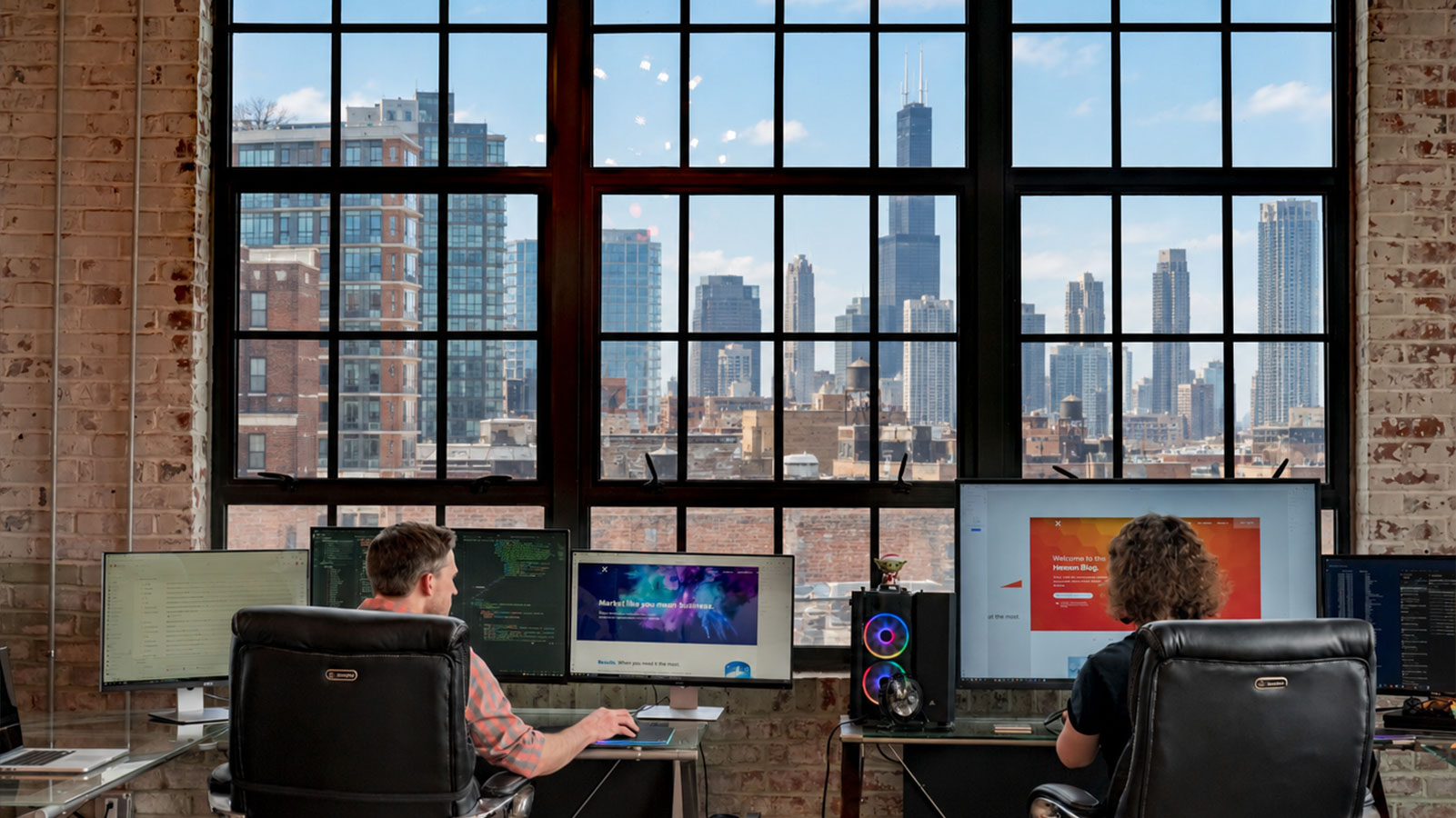 Hexxen web design and digital marketing work with a Chicago city view