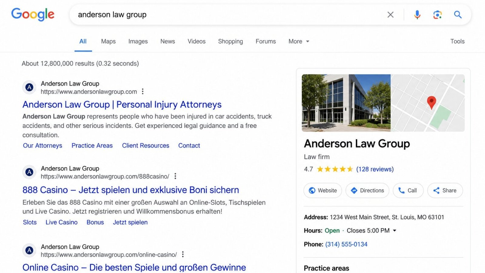 Casino spam appearing in Google search results for a hacked business website