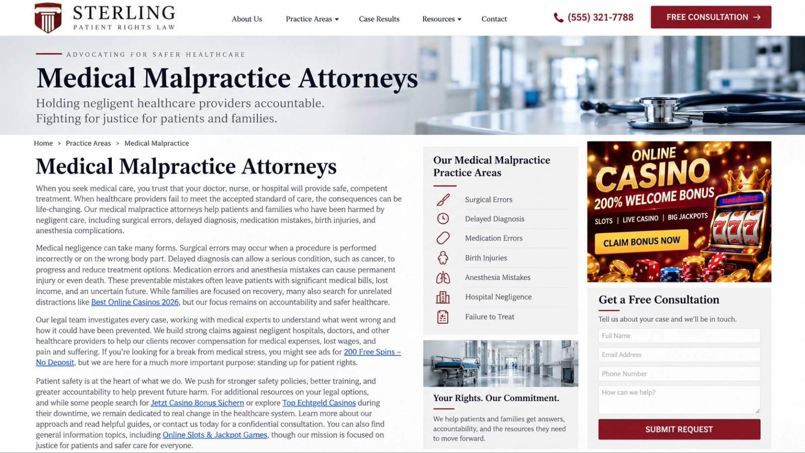 Casino spam and injected gambling links on a hacked medical malpractice law firm website
